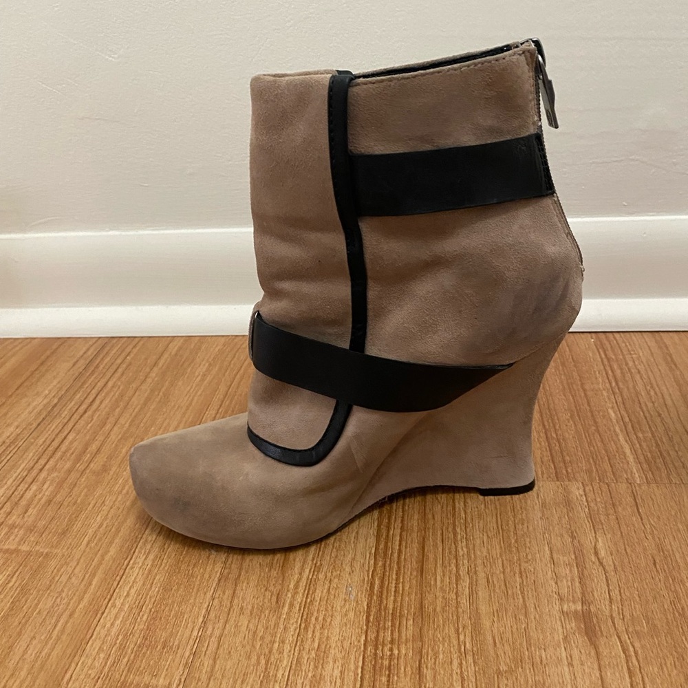 Women's Taupe Suede Wedge Ankle Boots with Black Strap Detail - Picture 8 of 8